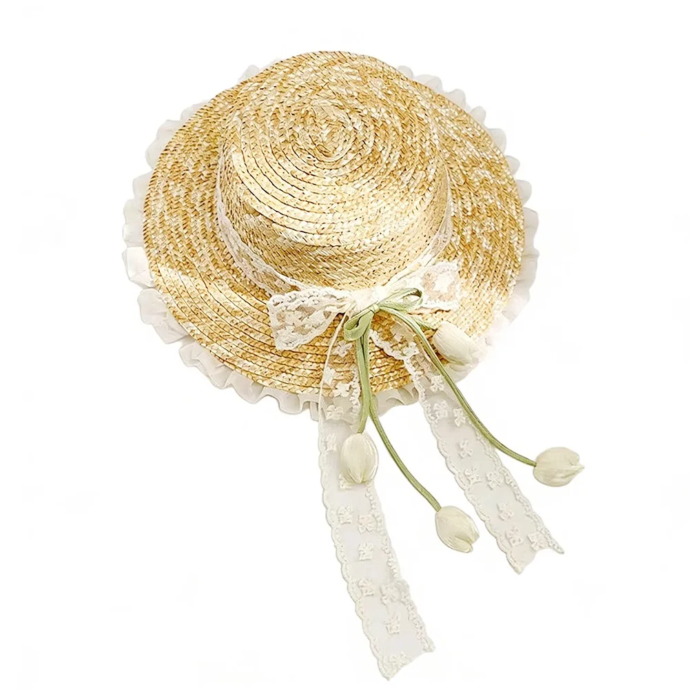 

Fashion Lightweight Straw Hat Lace Bow Flower Decoration Wide Brim Hat Woven Straw Breathable Tulip Hat Outdoor