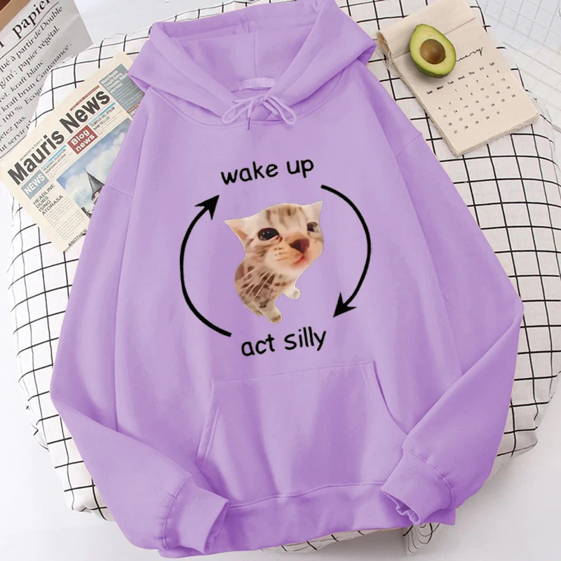 متعة الاستيقاظ Act سخيفة ميمي الجرافيك هوديي مضحك لطيف القط طباعة طويلة الأكمام البلوز الرجال النساء عادية المتضخم البلوز القمم