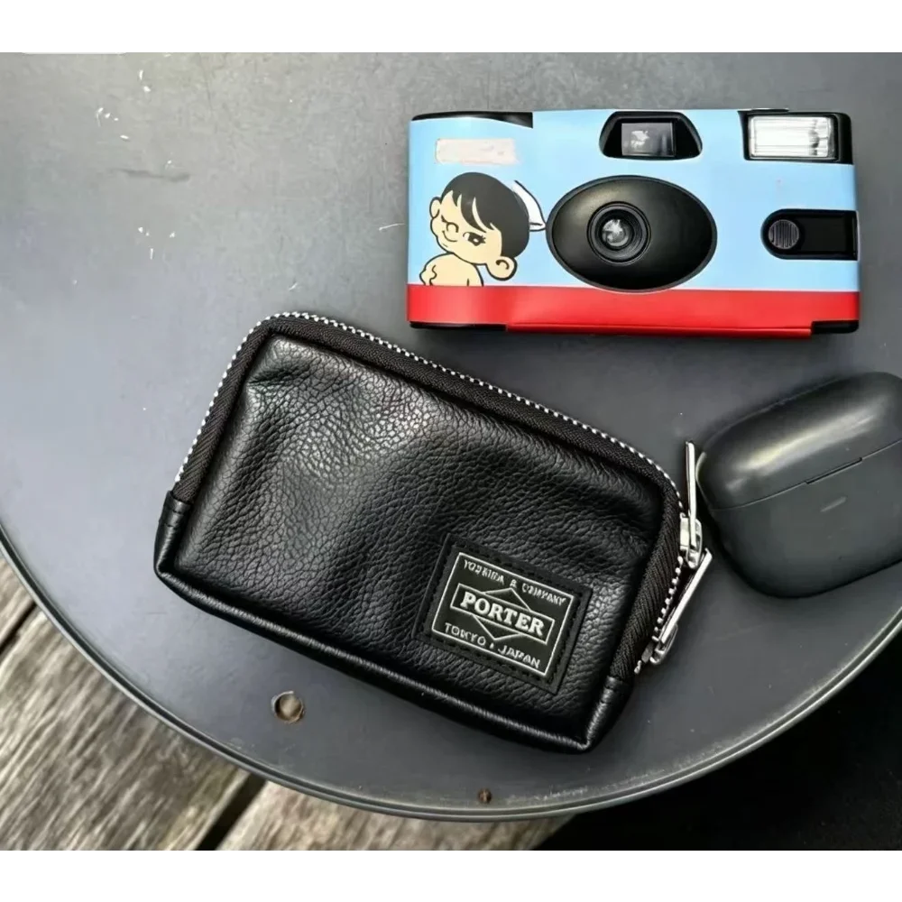 Porter Double Zipper Coin Purse Litchi Grain Leather Mini Card Wallet Portable Key Earbud Storage Pouch