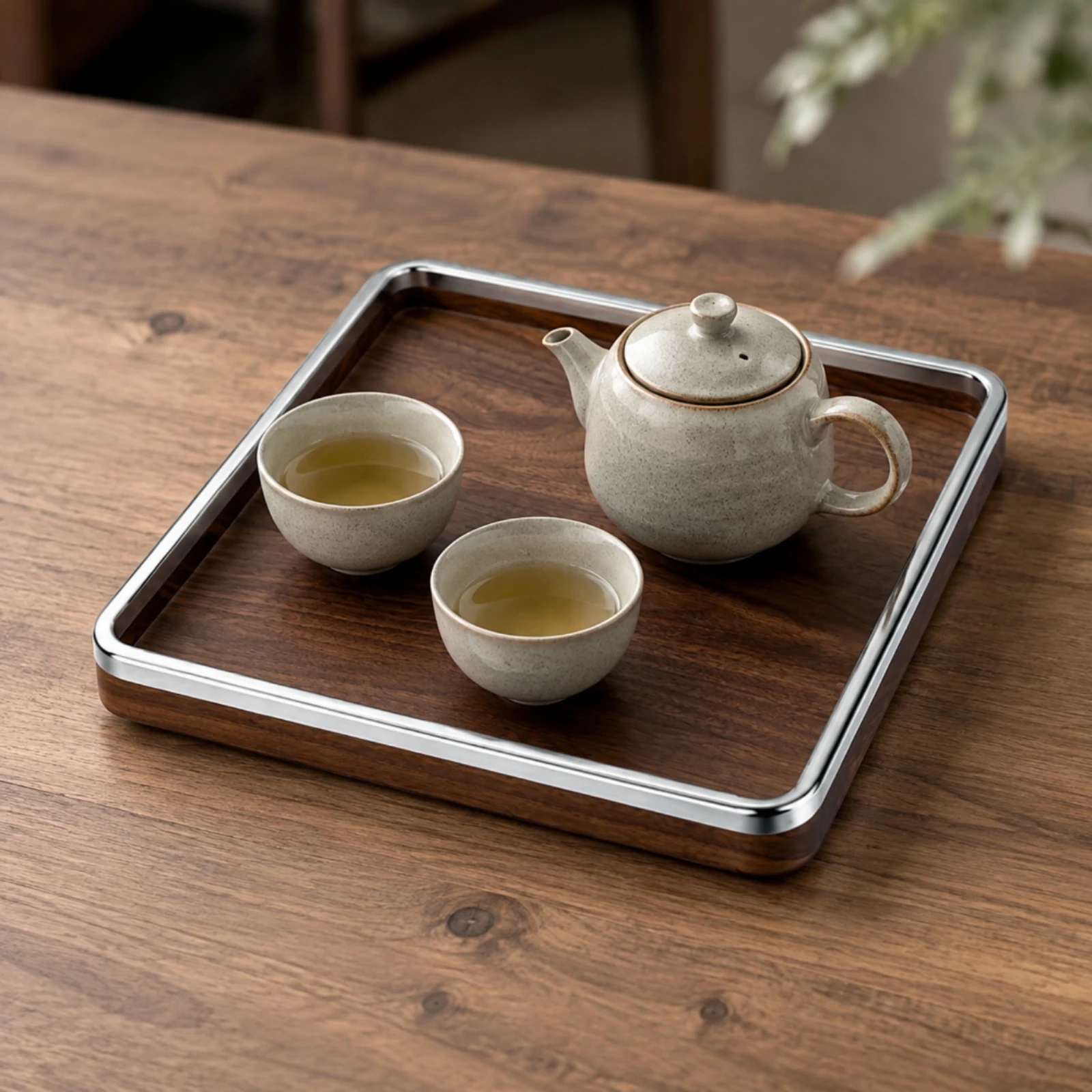 Square Serving Tray Elegant Wood and Stainless Steel Tray Food Safe Long-Lasting for Tea Service, Entertaining