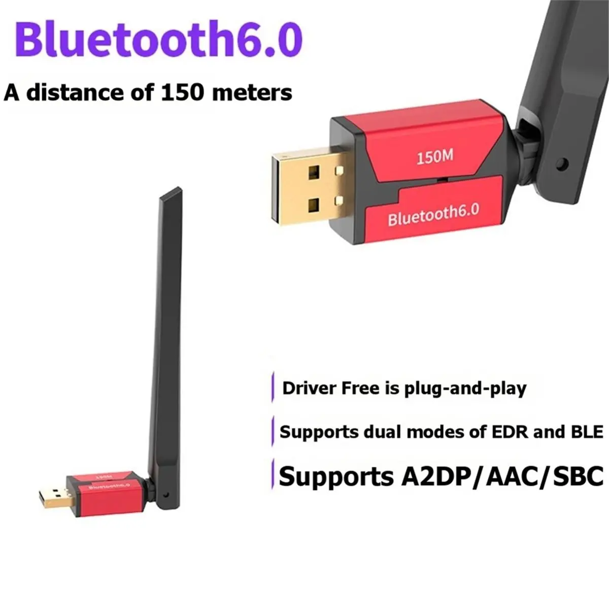 150M Bluetooth 6.0 Adapter USB Bluetooth Dongle Driver Free for Win11/10/8.1 Mouse Keyboard Audio Receiver Transmitter