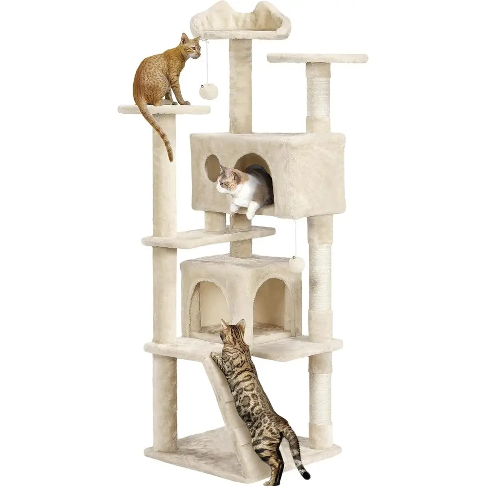 

Indoor Cat Tree with Double Condo, Scratching Posts, Multiple Platforms, and Balls, Beige