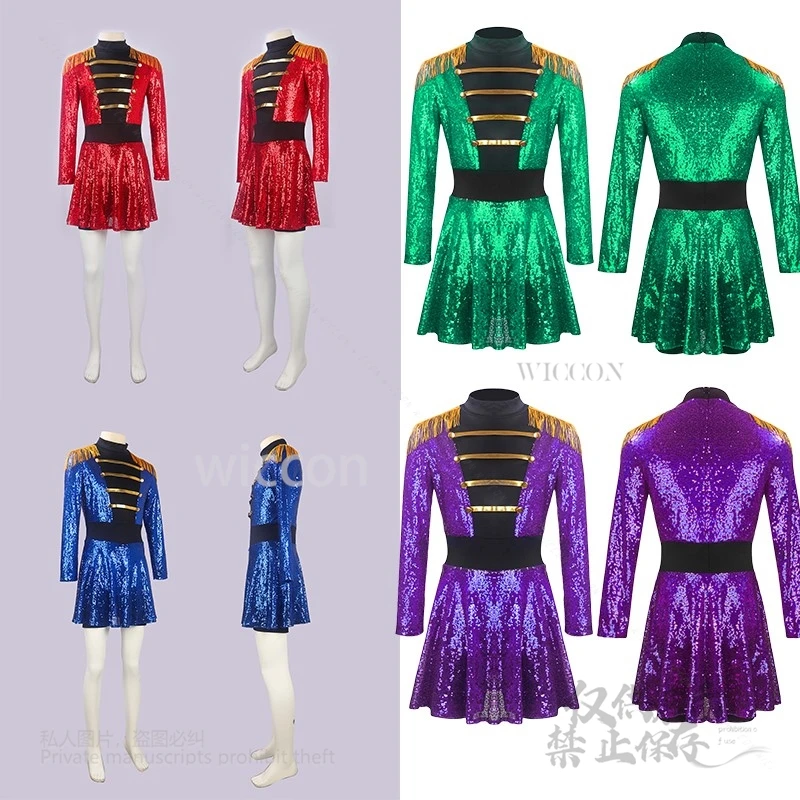 

Цирковой костюм манежа с блестками и длинными рукавами, 4 цвета, боди с кисточками и эполетами, танцевальное платье для косплея, дети, девочки, Хэллоуин, Cos