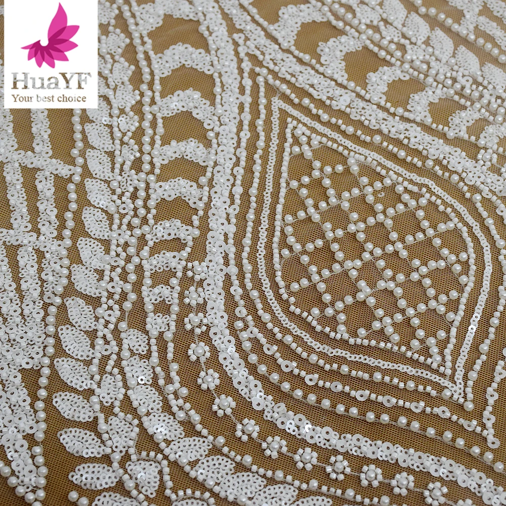 Nigeria High-End New White Luxury Beads Sequin Bridal Lace Fabric With Pearl Tulle Cloth 5 Yards HY2754