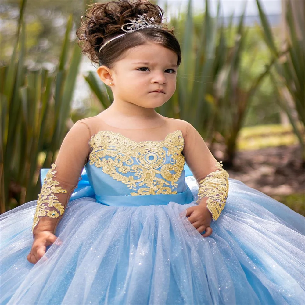 Blumenmädchenkleider mit goldener Spitze und Applikation für die Hochzeit, volle Ärmel, Prinzessin-Erstkommunionkleid, langes Geburtstagsparty-Kleid für Kleinkinder