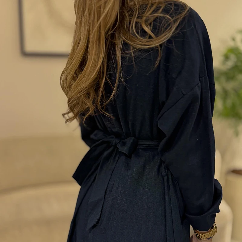 Casual Einreiher Revers Shirts Kleid Herbst Neue Einfarbig Langarm Leinen Kleid Temperament Elegante Dame Pendeln Kleid