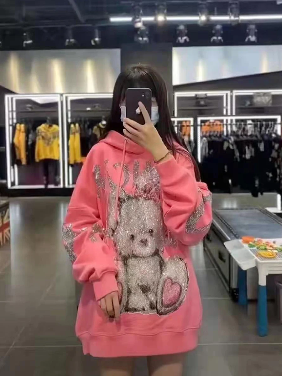 

Trendy Brand Men Women Pink Pullovers Hoodie Top 2022 New Autumn Hot Drilling Cartoon Mid-long Oversize Hooded Sweatshirt Street