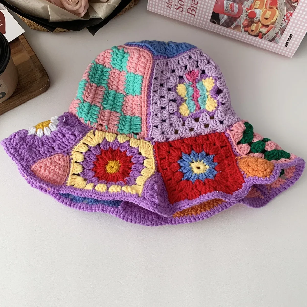 Hyunya Wind Flower Handmade Wool Crochet Bucket Hat Women's Big Brim Retro Grandmother Grid Splicing Crochet Bucket Hat