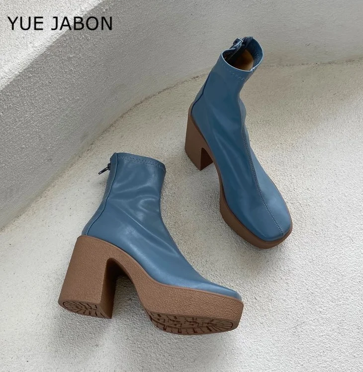 Blue Black Platform High Heels Ankle Boots For Women Elastic Thin Short Sock Botas Autumn Winter Ladies Casual Punk Party Shoes