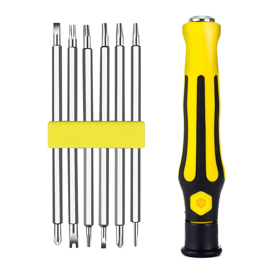 

Yellow 6 In 1 Set Safety Tamper-Proof Magnetic Screwdriver Bit Hex Torx Screwdriver Head Flat Hand Tool