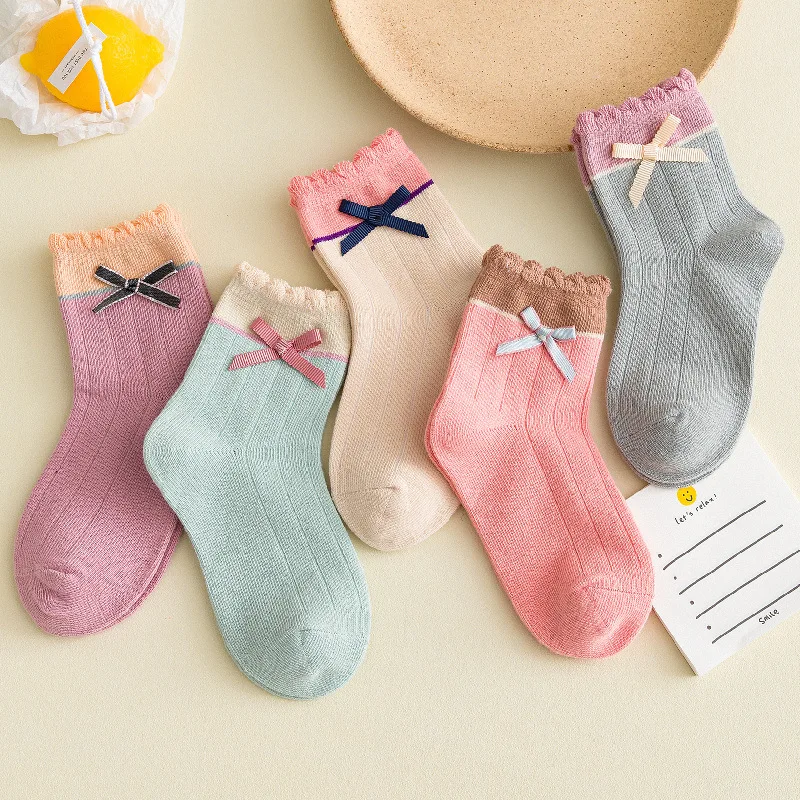 Summer Bow Knot Middle Tube Girls Socks Spring and Autumn Pure Cotton Princess Socks 4/Pairs