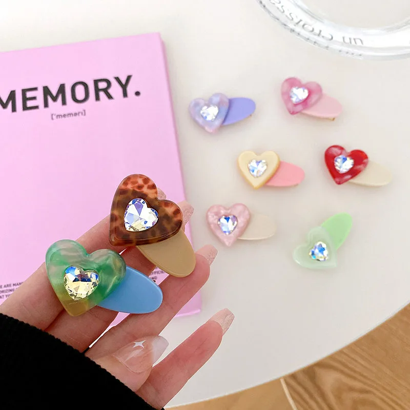 Ins Clip de pico de pato con diamantes de imitación ovalados para niñas dulces, Clip de flequillo de ácido acético, corazón de amor, 4cm, gran oferta