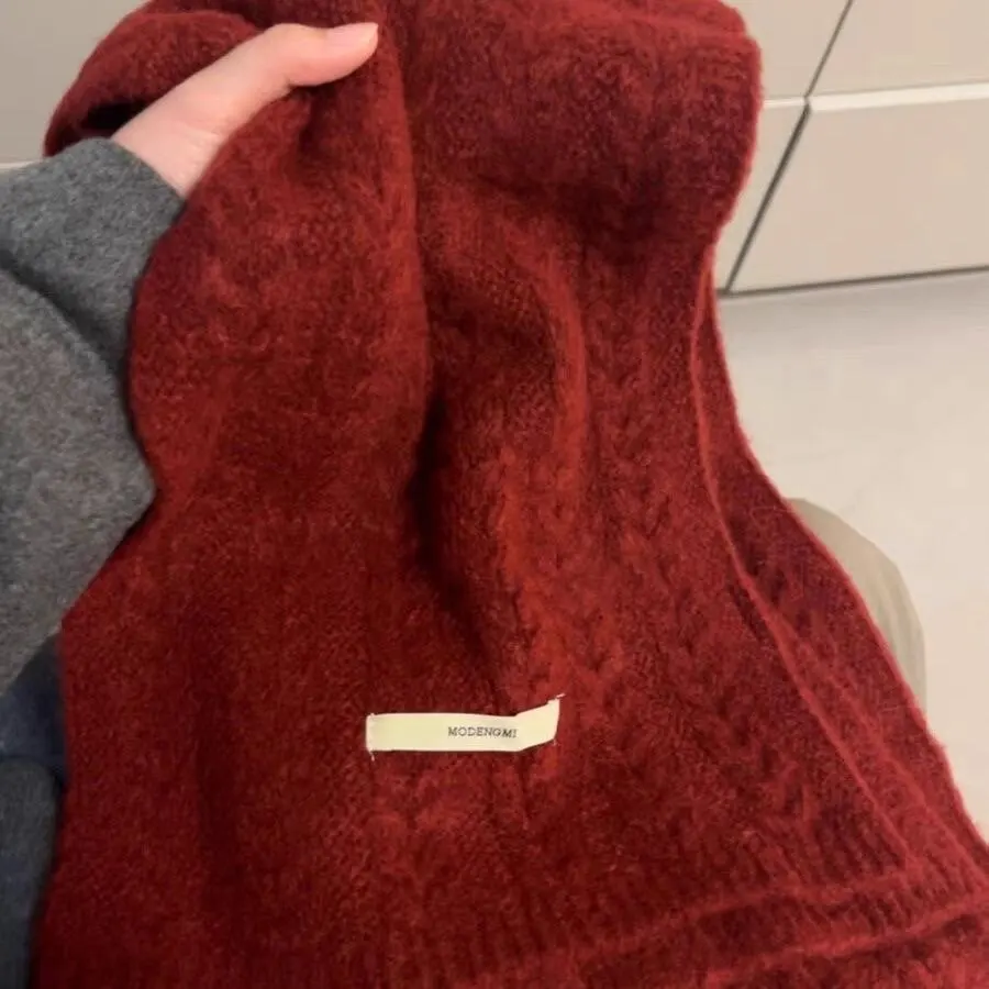 Christmas Wine Red Women Scarves New Autumn Winter Birthday New Year Gifts All-match Keep Warm Vintage Knitted Wraps Solid Color