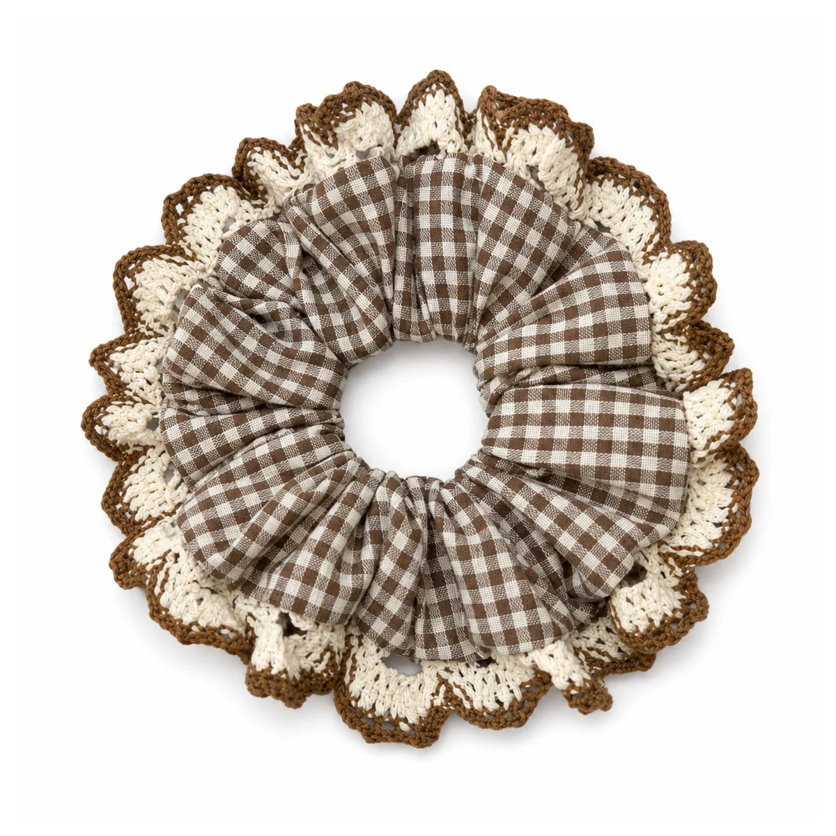 Brown Ivory Gingham Crochet-Trim Hair Scrunchie for Ponytails and Buns