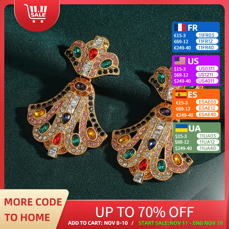 

Vintage Colorful Crystal Drop Earring Large Skirt Antique Gold Color Rhinestone Luxury Jewelry Designer Charms Wedding Christmas