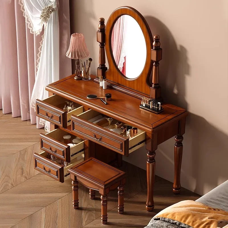 q^-Brown Hidden Makeup Vanity Desk Luxury Drawer Grey Mirror Makeup Vanity Desk Vintage Modern Kaptafel Furniture For Bedrooms*.