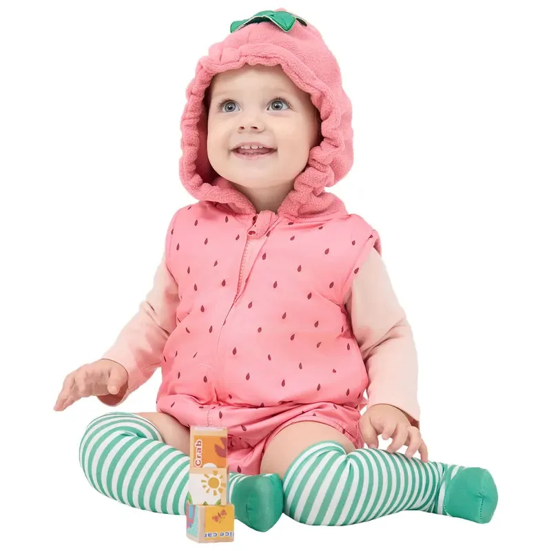 Umorden 0-18m bebê meninas morango traje com capuz macacão meias 2 pçs/set sem mangas halloween purim fantasia vestido