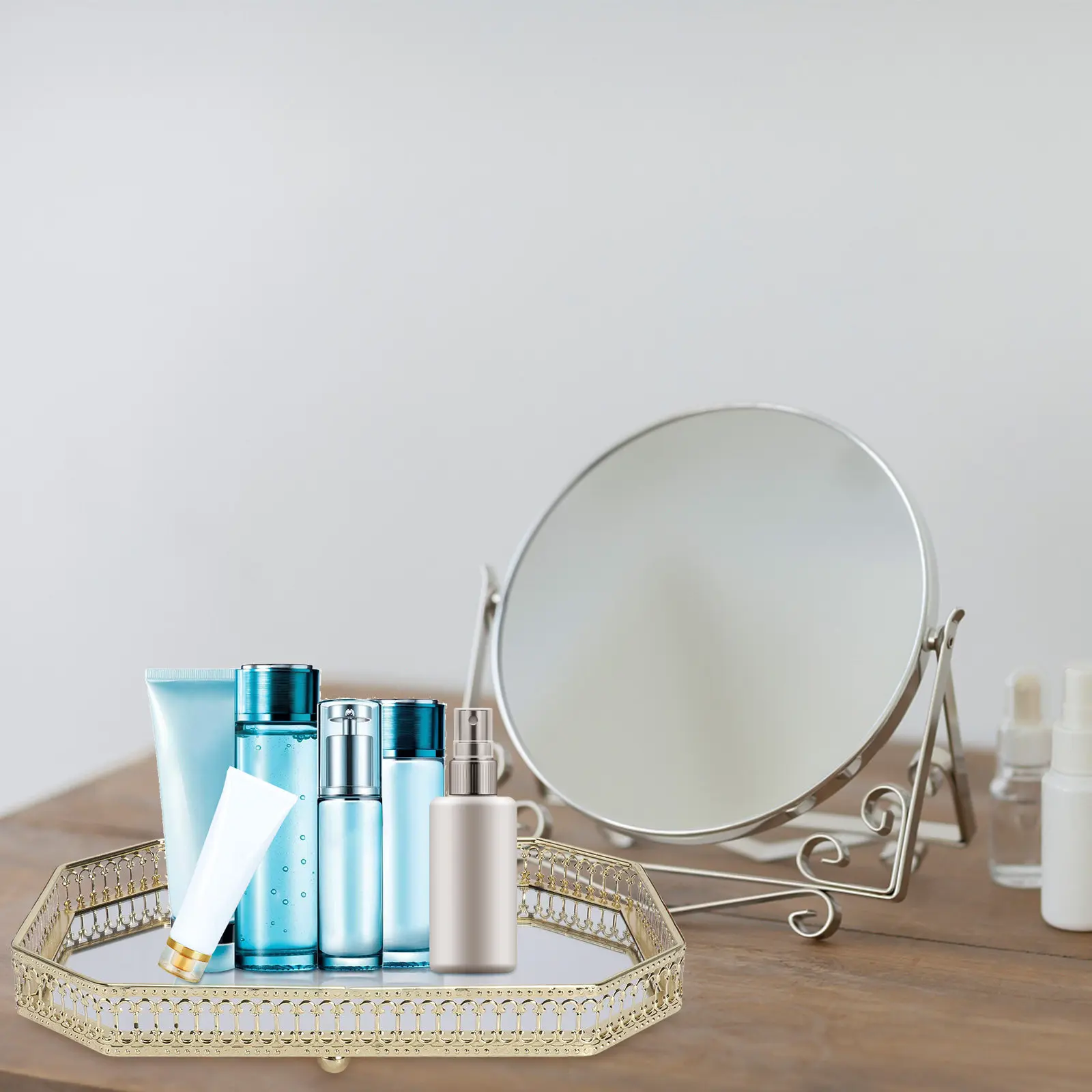 1Pcs Light Luxury Iron Mirror Storage Tray Nordic European Style Hollow Frame High Definition Reflective Surface Multipurpose