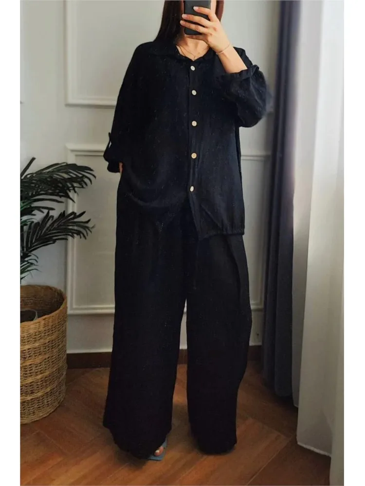 Autumn Fashion Cotton Hemp Two Piece Sets Women Lapel Neck Long Sleeve Drawstring Shirt Wide Leg Long Pants Casual Two Piece Set