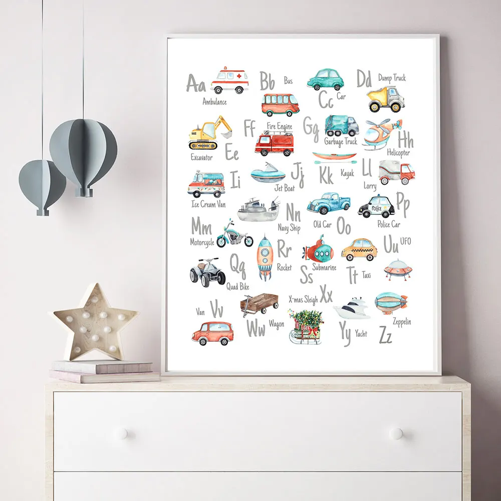 Transportation Alphabet Poster And Print Vehicle Alphabet Canvas Painting Wall Art For Living Room Home Decoration Boys Car Gift