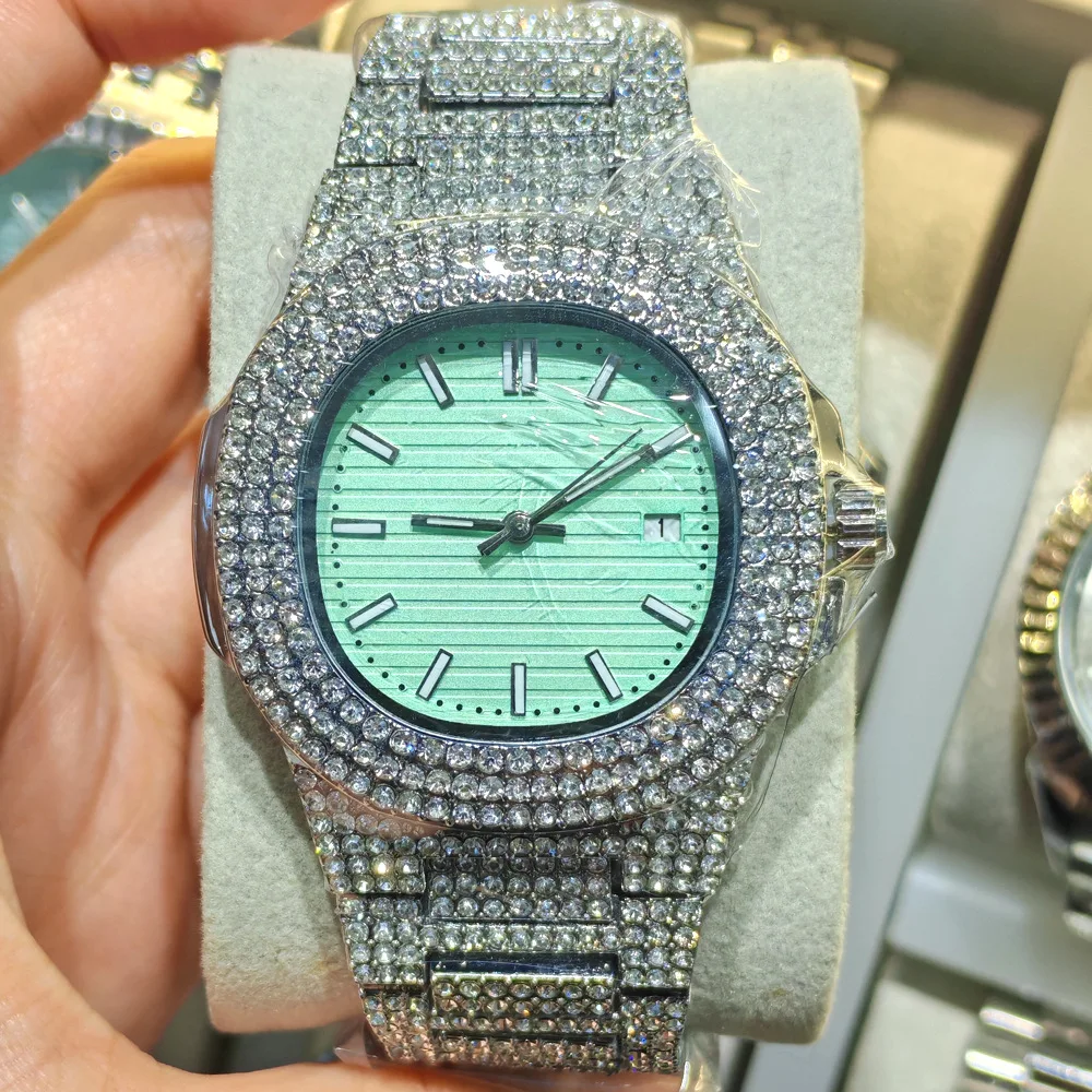 

Classic Quartz Watches for Men Top Brand Multicolor Luxury Full Diamond Silver Watch Fashion High End Stainless Steel Man Clock