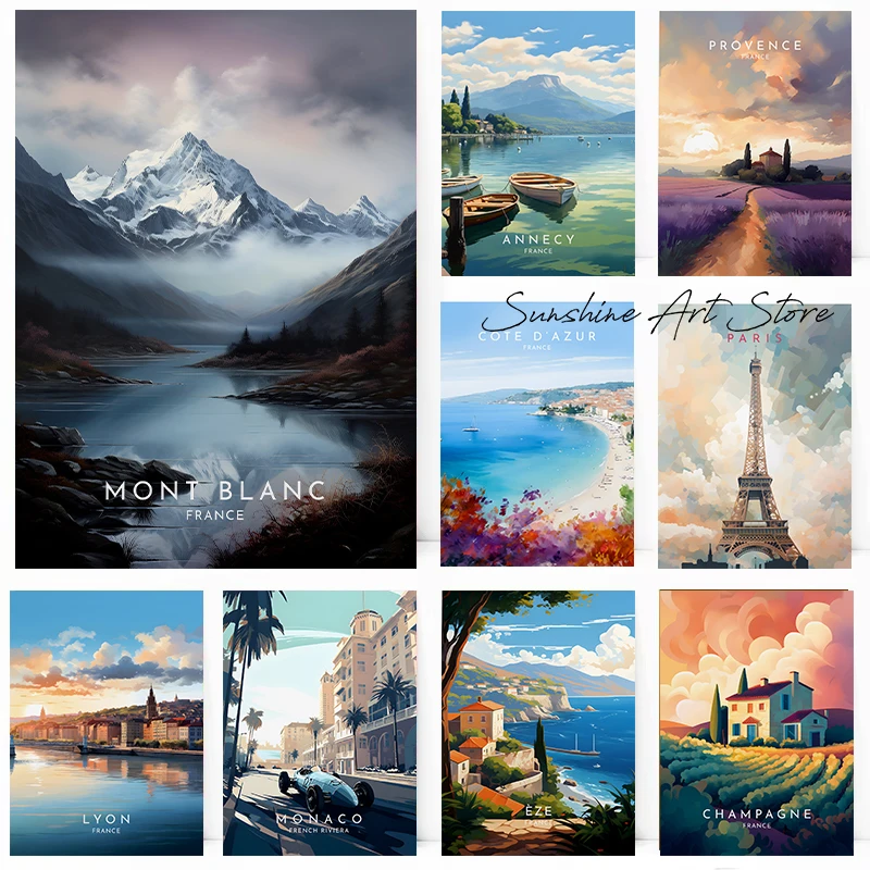 Póster de Viaje con Paisajes de Francia: Provenza, Annecy, Chamonix, Mónaco, Borgoña, Eze, París, Champagne, Impresión en Lienzo, Cuadros Decorativos para Pared