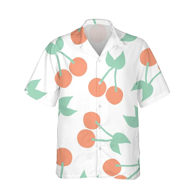 Camisa havaiana com estampa cereja 3D masculina, manga curta, camisa de praia casual, blusa de peito único, moda masculina