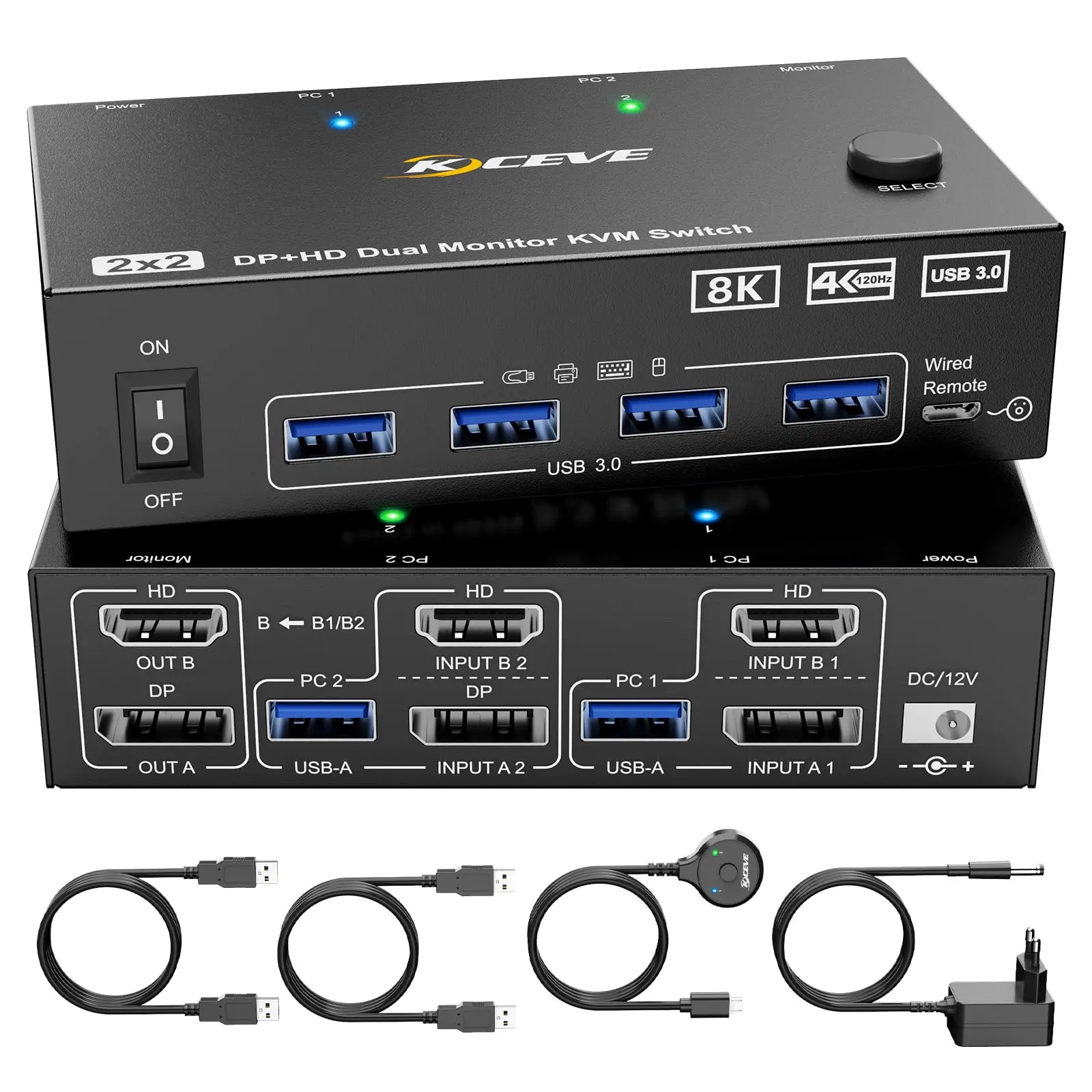 NEW KCEVE Dual Monitor KVM Switch 2 Port, 8K@60Hz 4K@144Hz HDMI+DP