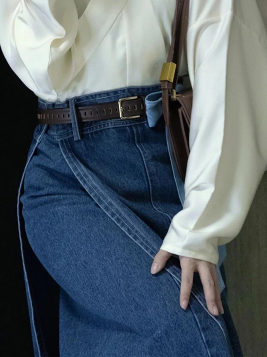 กระโปรงยีนส์เอวสูงสไตล์วินเทจแบบจีนใหม่ กระโปรงยาวปานกลางสำหรับผู้หญิง คอลเลคชั่นฤดูใบไม้ร่วง วิดีโอพิเศษ กระโปรงดีไซน์โดดเด่นไม่ซ้ำใคร