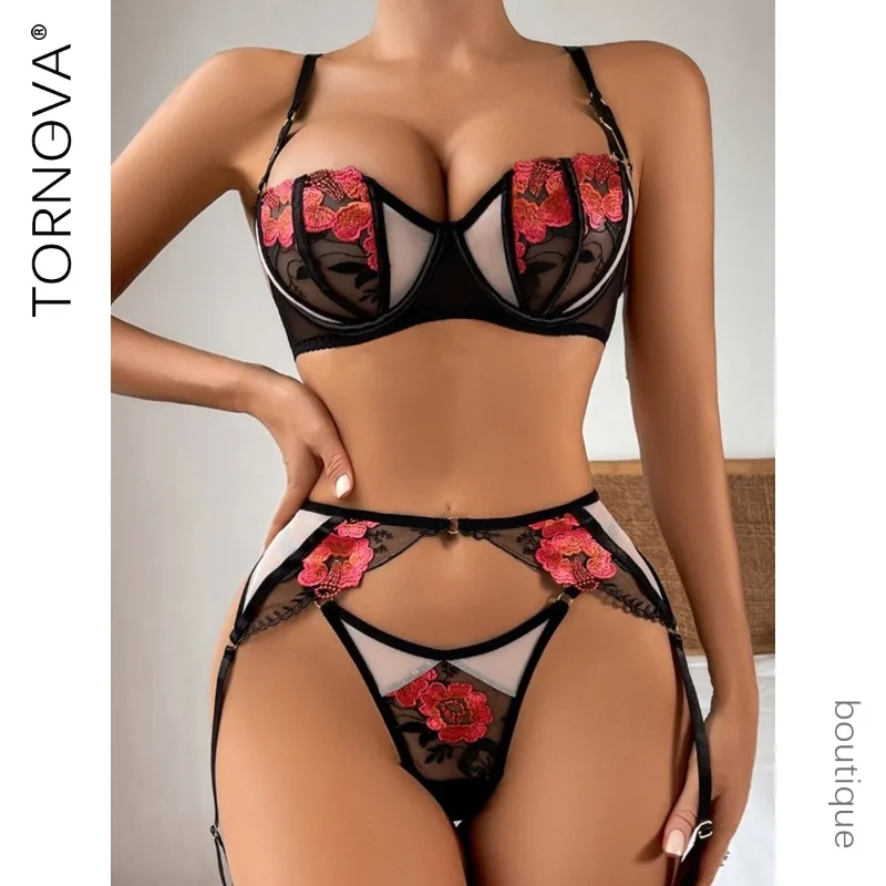 

Tornova Sexy Lingerie Suit for Women 3-piece Lingerie Garter Set Sexy Floral Embroidery Backless Bra Set Garters Underwear Suit