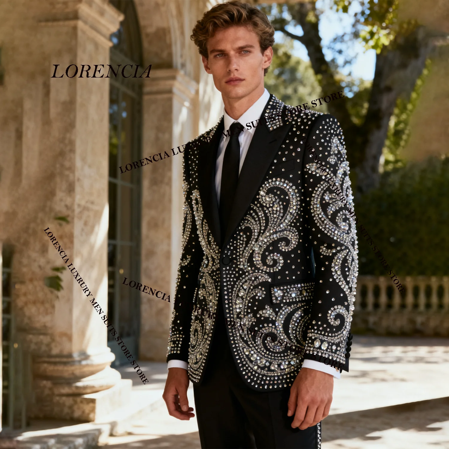 

Customized Men Suits High End Rhinestones Beaded Groom 2 Pieces Sets Tuxedos Diamond Male Handsome Party Prom Blazer Ropa Hombre