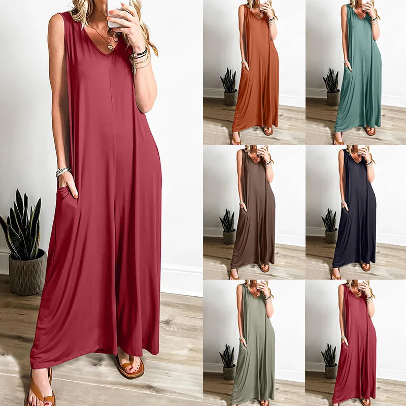 

Women's Loose Jumpsuit Wide Leg Pants 2024 Summer Casual Pocket Jumpsuit Thin Mono Elegantes Mujer Mono De Verano Para Mujeres