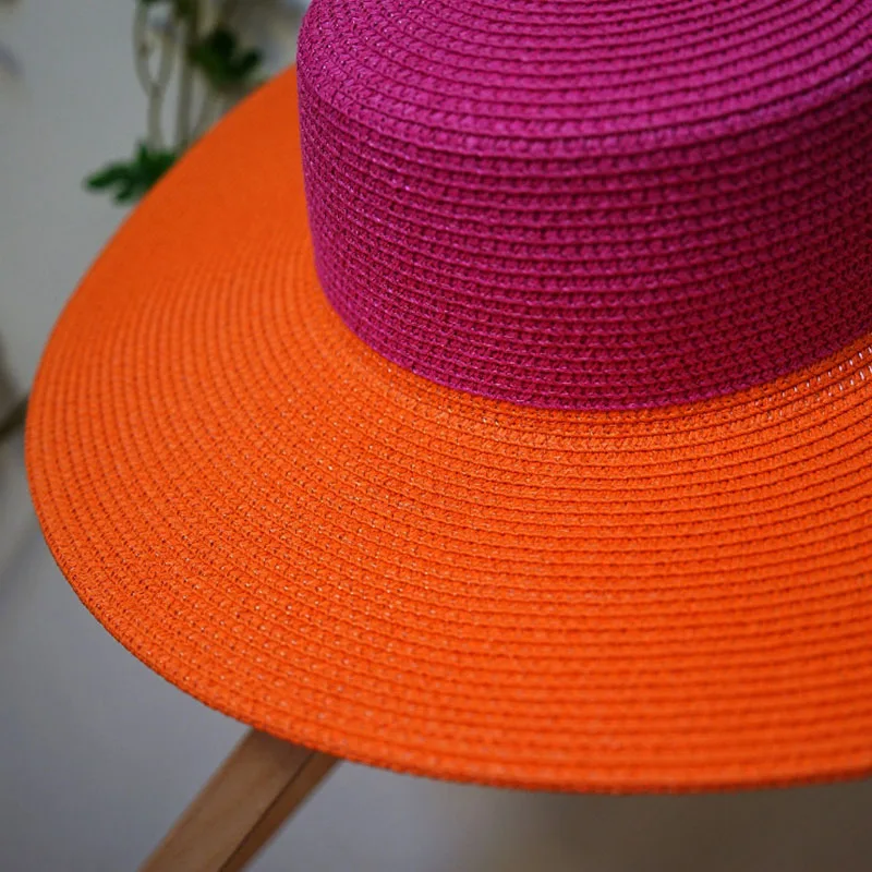 Wide Brim Hot Pink Orange Patchwork Straw Hats Flat Top Boater Hat Ladies Church Wedding Party Hat Derby Vocation Beach Hat