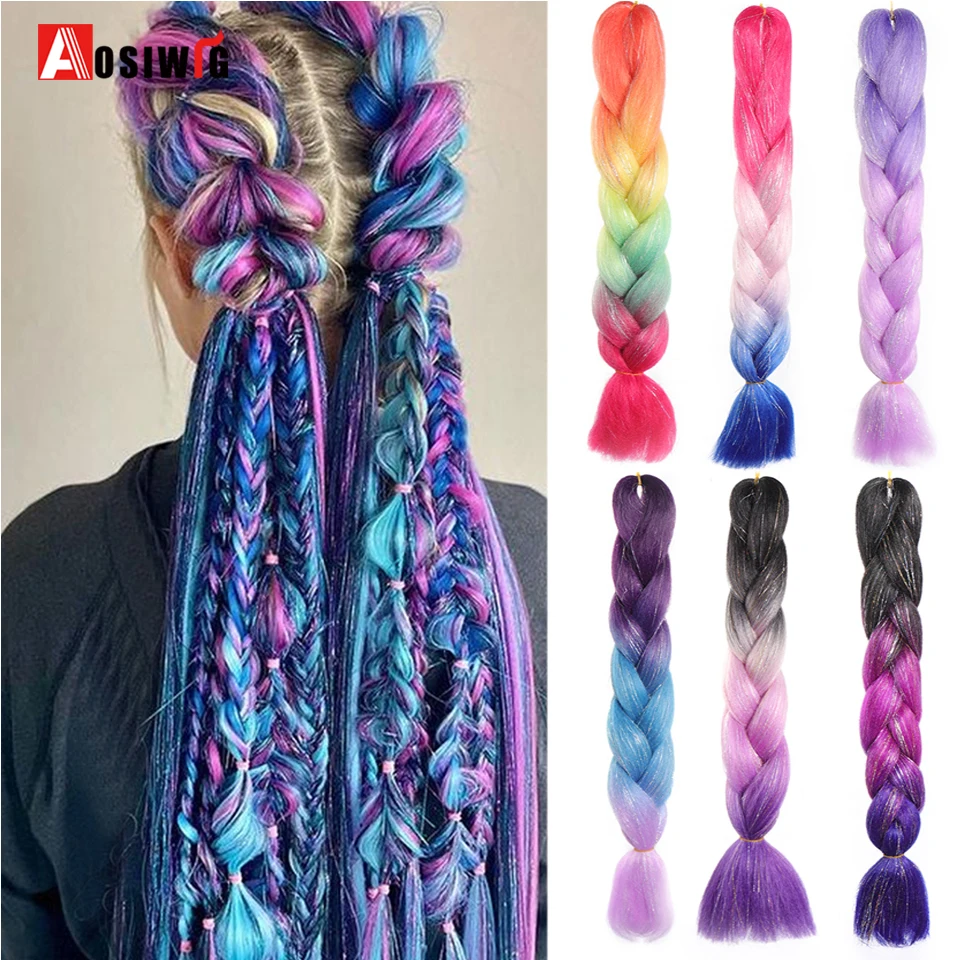 24Inch Synthetic Braiding Mix Shiny Omber Braiding Hair Extensions Glitter Hair Tinsel Kit DIY Hair Extensions Accessories For W