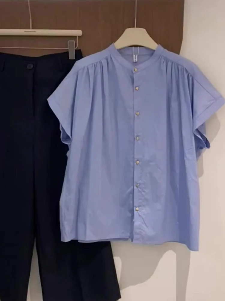 

Faionable Blue Воротник-стойка Ice Silk irt Тонкий летний ort Sve Женский топ на пуговицах Повседневный свободный крой для поездок на работу