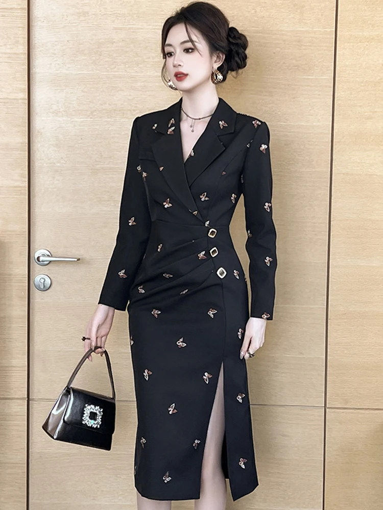 Fashion Elegant Formal Dresses Women Business Clothes Professional Black Butterfly Embroidered Folds Slit Robe OL Work Vestidos