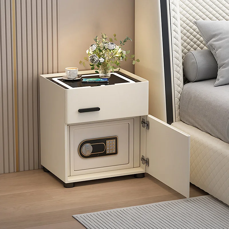 Modern Cream Bedside Table With Lock Nordic Luxury Minimalist Nightstand With Secret Compartment Safe Mesitas De Noche Furniture