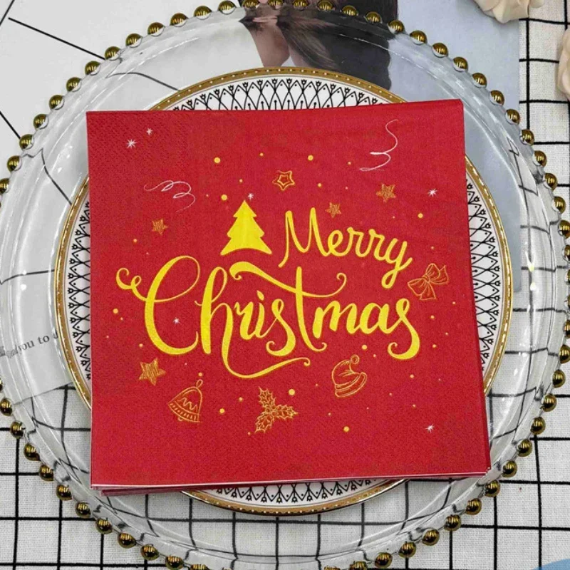 20 Sheets of 33 * 40cm 2Ply Golden Christmas Happy Letter Printed Napkins Red Paper DIY Decoupage Paper