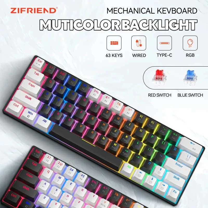 ZIFRIEND ZA646 Mechanical Keyboard 63 Keys Wired Gaming Keyboards Detachable USB Type-C Hot Swappable Mini Mechanical Keyboards