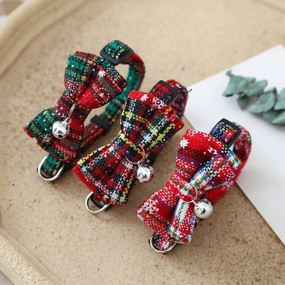 Christmas Style Lattice Pet Collar Bowtie Bell For Kitten Small Dog Cat Adjustable Neckband Soft Fashion Accessories