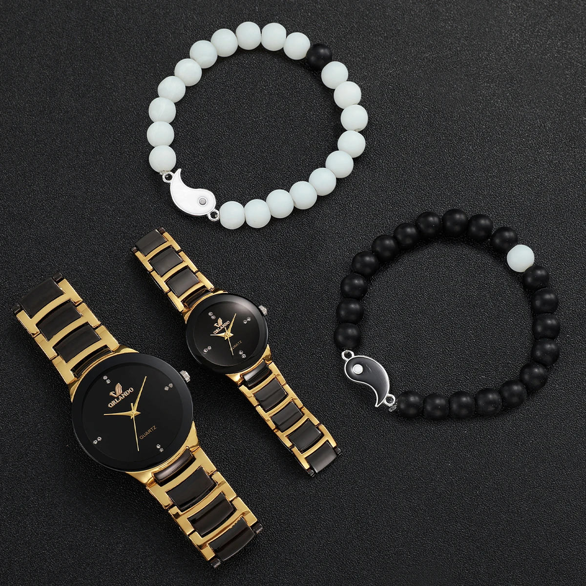 4PCS/Set Couple\'s Watches Fashion Steel Band Men Women Quartz Watch Beadeds Bracelet Set（Without Box）