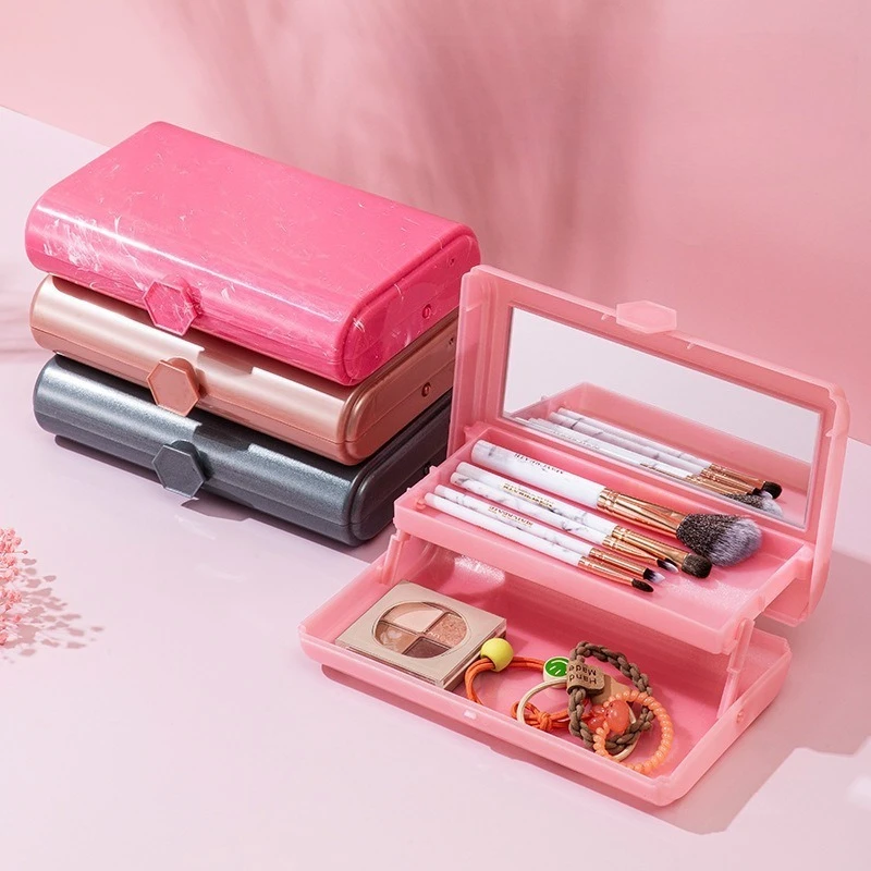 Make-up-Box mit Spiegel, Aufbewahrungsbox für Nagelkunst, doppellagige Aufbewahrungsbox für Mädchen und Studenten, tragbare Aufbewahrungstasche für Reisekosmetik