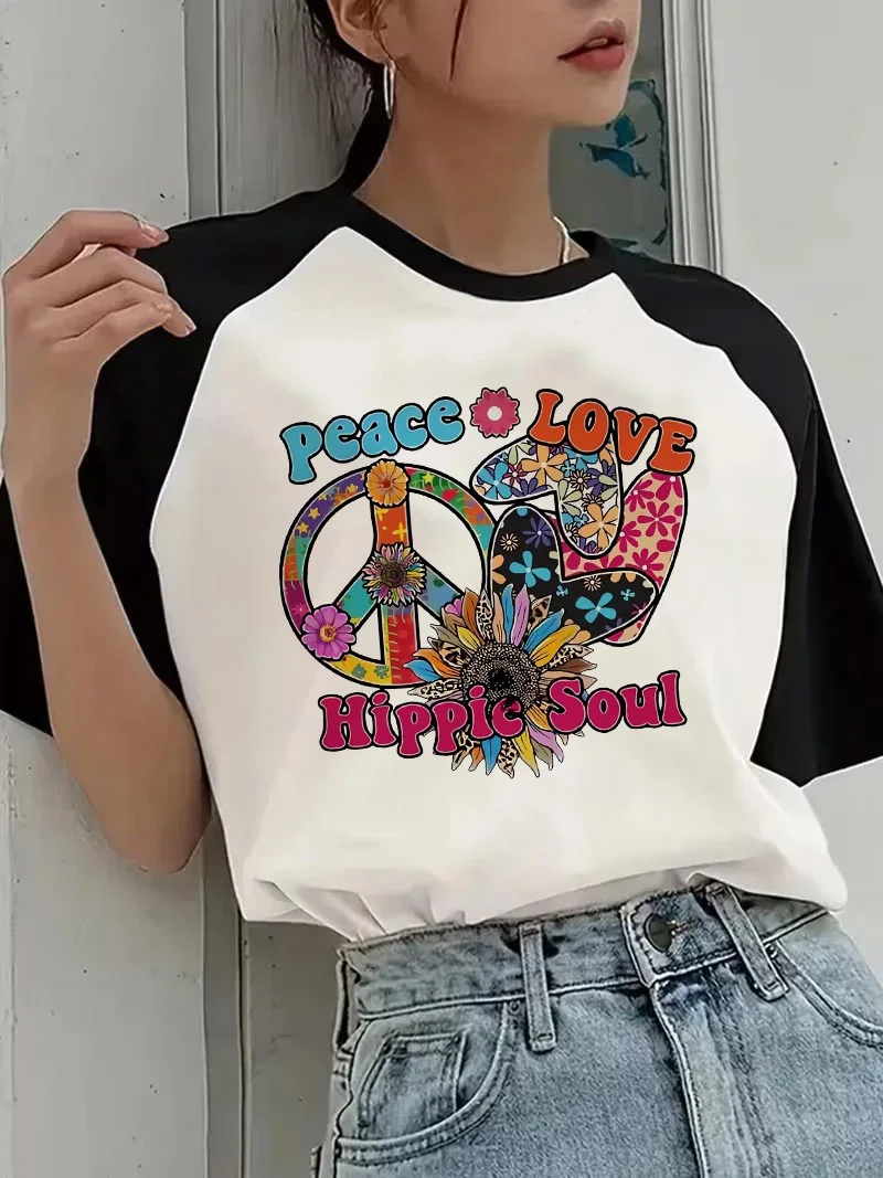 Damen Peace Love Hippie Soul Print Grafik T-Shirt Lässiges Kurzarm-T-Shirt 90er Jahre Koreanischer Stil Vintage T-Shirt Kleidung