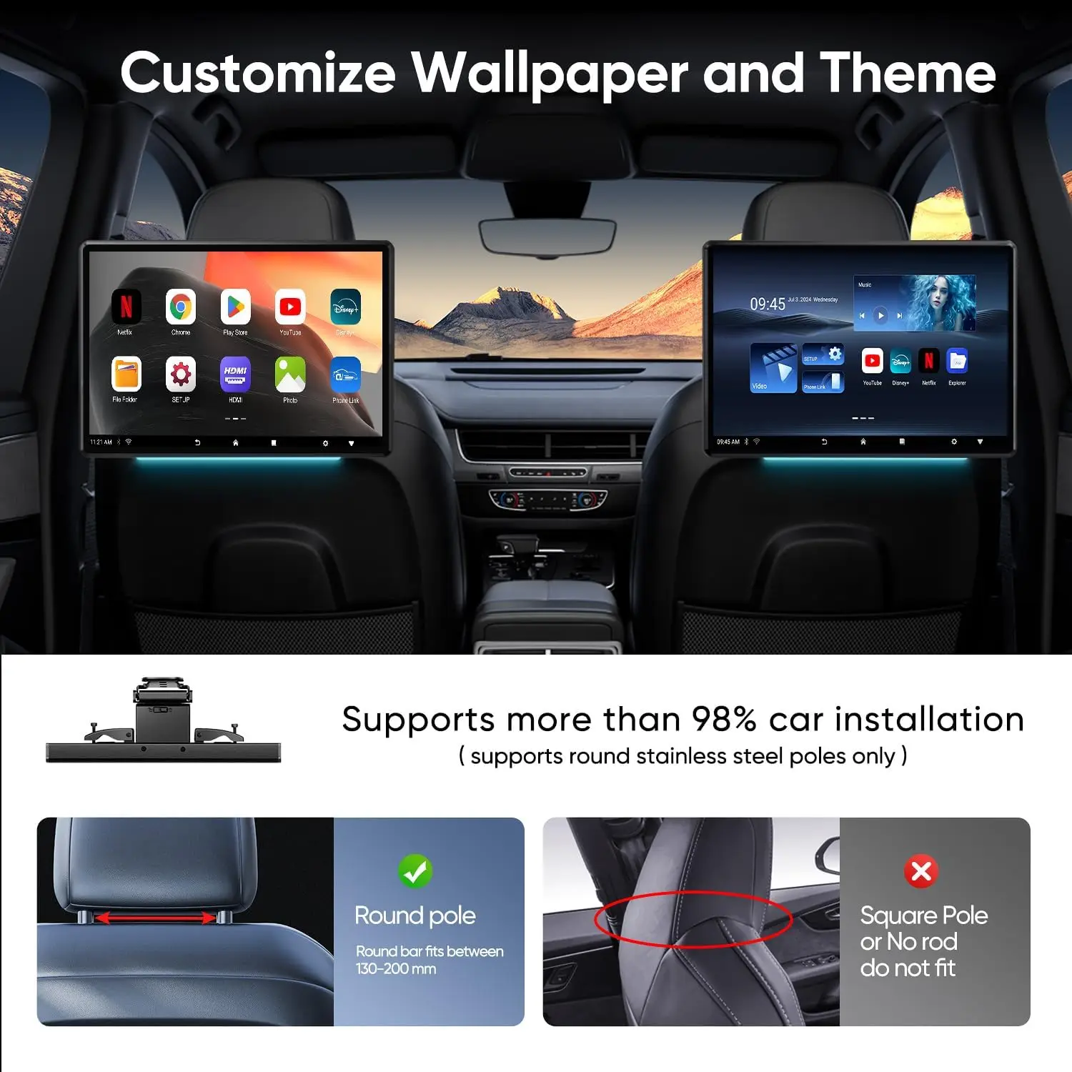 2025 أفضل شاشة IPS لمسند الرأس للسيارة مقاس 13.5 بوصة تعمل بنظام أندرويد 14 واي فاي ومشغل فيديو للكمبيوتر اللوحي 2G + 32GB ROM BT FM Miracast 1080P HDMI Mirroring #2