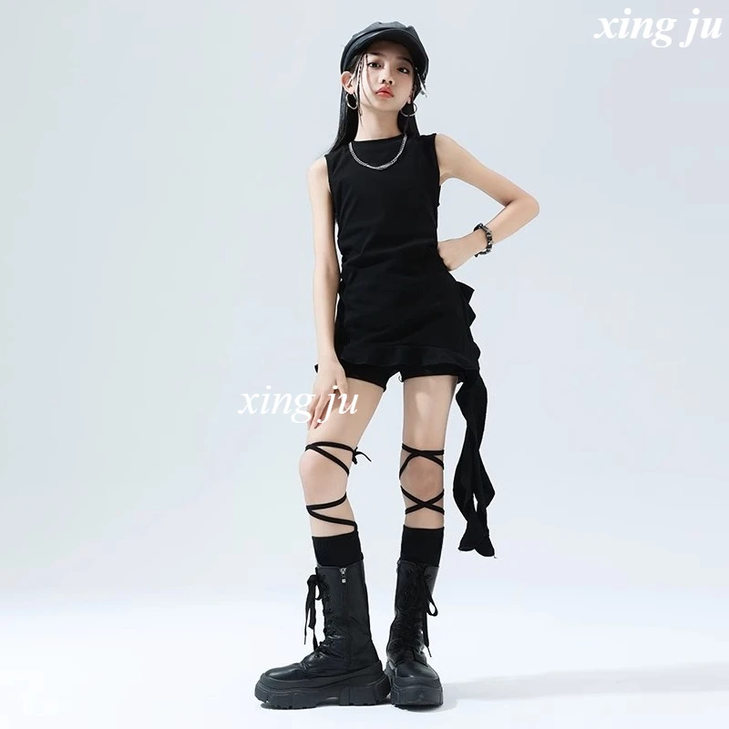 소녀 스트리트 댄스 타이트 반바지 어린이 힙합 의류 어린이 블랙 불규칙 탑 재즈 댄스 의상 무대 공연 의류