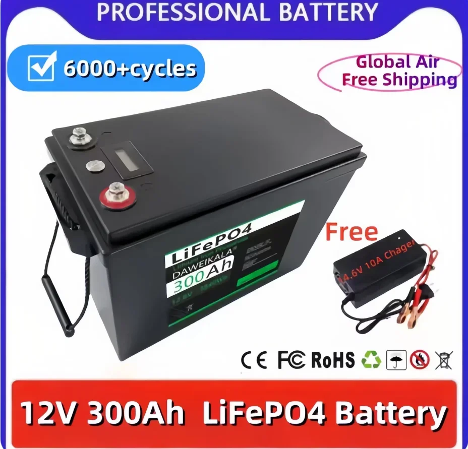 

LiFePO4/12V 300Ah battery/6000 cycles/with charger/suitable for 12.8V RVs/campers/golf carts/off-road off grid solar/wind power
