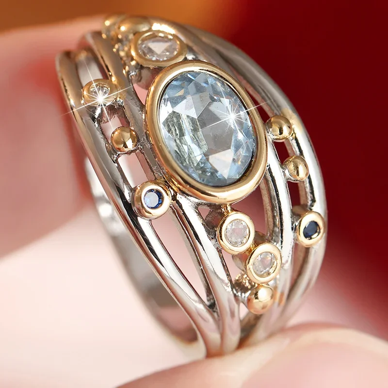 Hollowed Out Wide Face Ring For Women Multi Layered Staggered Design Inlay Cubic Zircon Ring Banquet Party Jewelry Accessory