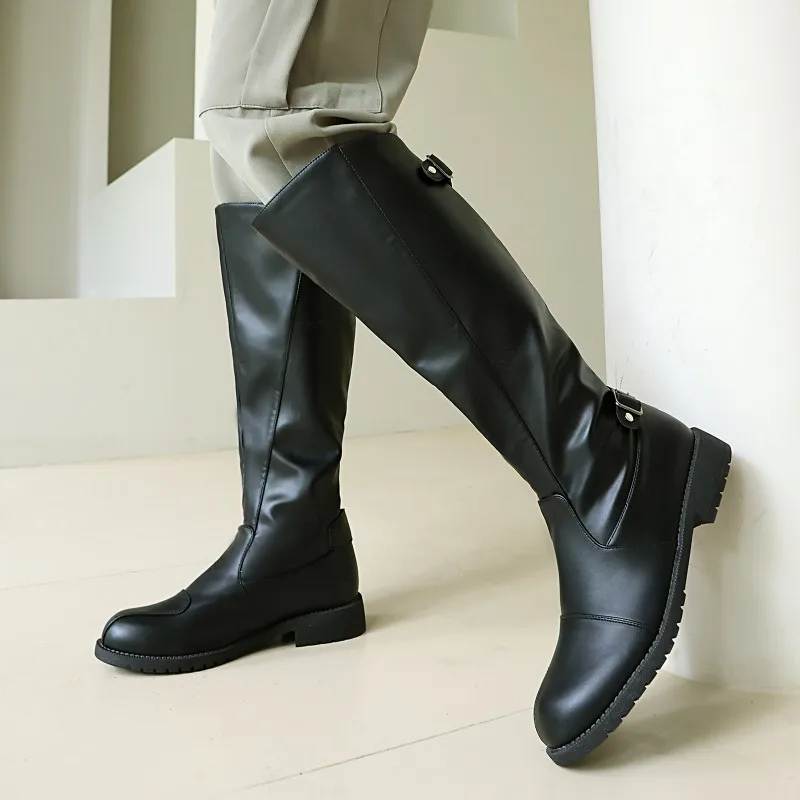 Men Knee High Boots Belt Buckle Long Boots Round Toe Thick Heel Mid-Calf Boots Fashion Motorcycle Boot Zipper Leather Men Shoes