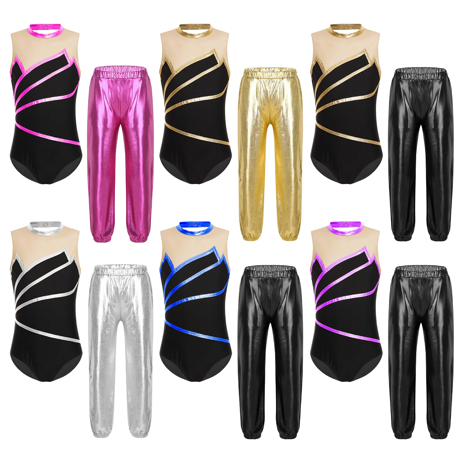 Teens Ballet Dance Practice Outfits Rhythmic Gymnastics Leotard Jumpsuit with Metallic Pants Figure Skating Bodysuit for Girl