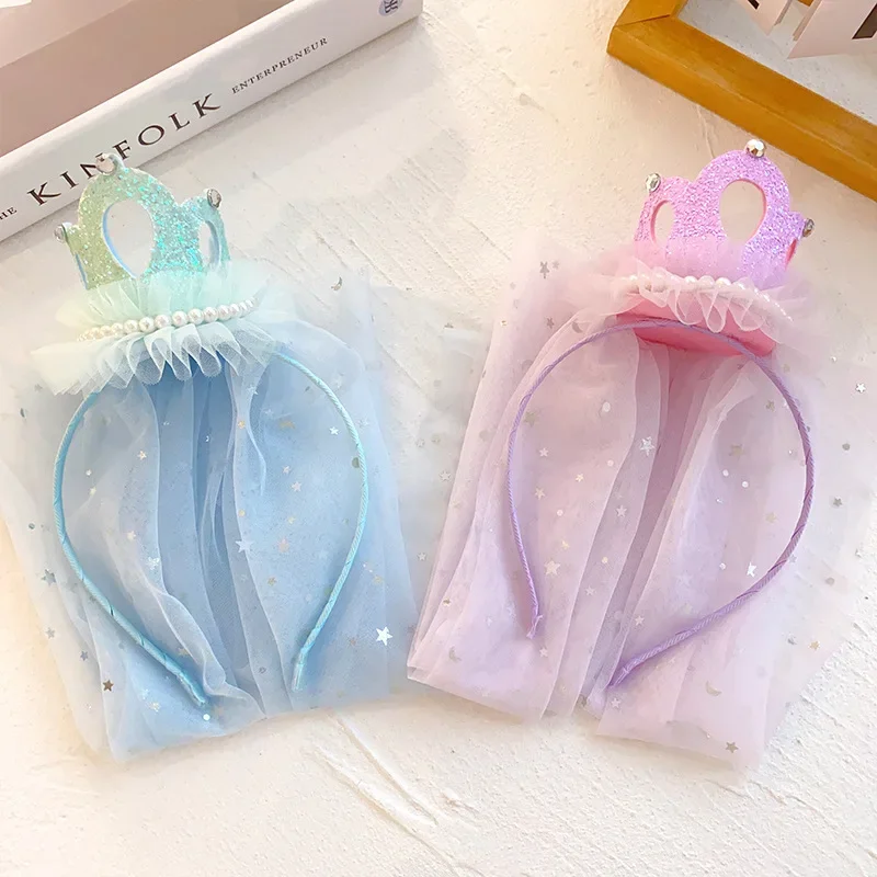 Princess Girl Hair Hoop Sweet Crown Squein with Mesh Hairs Band for Toddler Girl Birthday Party Baby Head Wear Hair Accessories